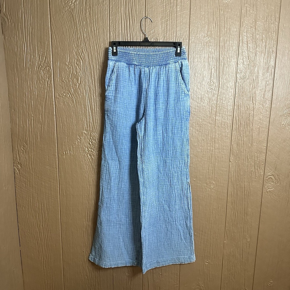 Aerie Gauzy Wide-Leg Side Slit High-Waist Pants Blue Coastal Beach Cotton S